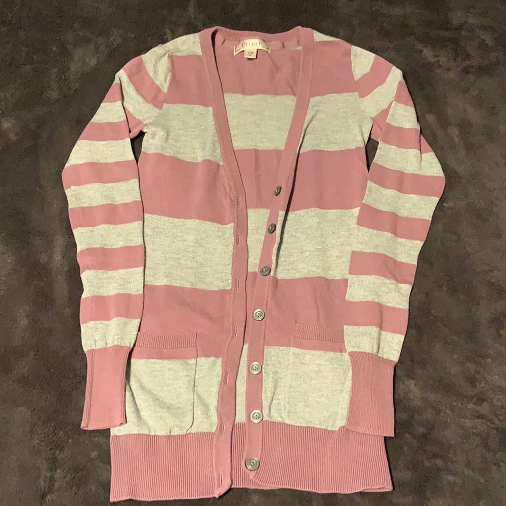 Decree Womens Sweater Cardigan Button Up Gray and Pink Striped Small